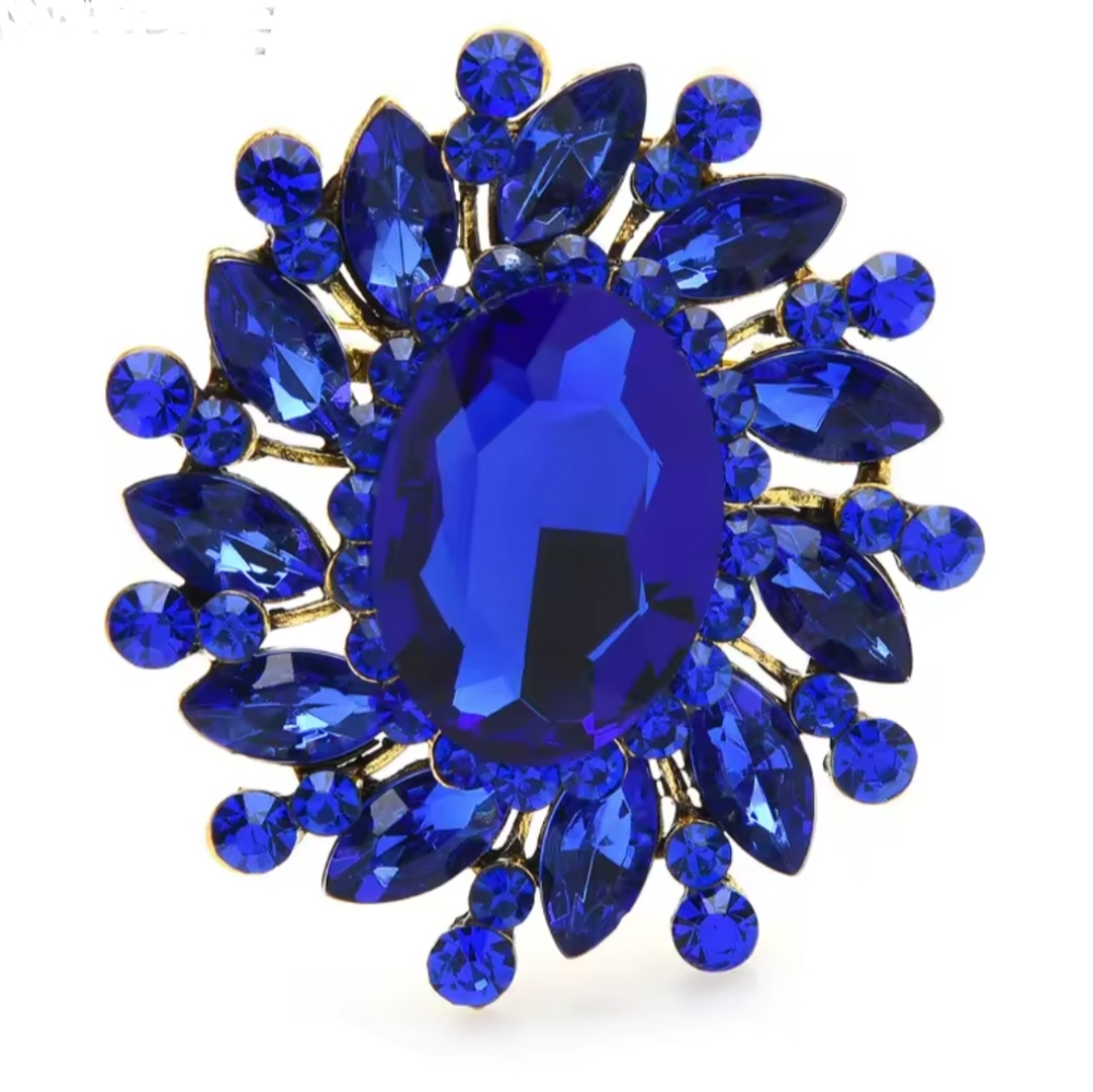 Royal Blue Oval Rhinestone Crystals Brooch